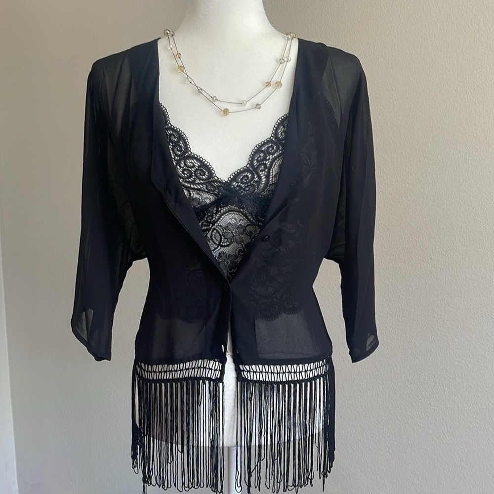 H&M Black Sheer Lace Fringe Blouse Size 12